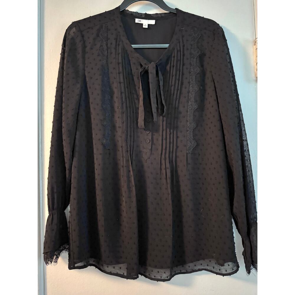 Dressy‎ Long Sleeve Tie Neck Blouse Black Lace Medium Whimsigoth Dark Coquette